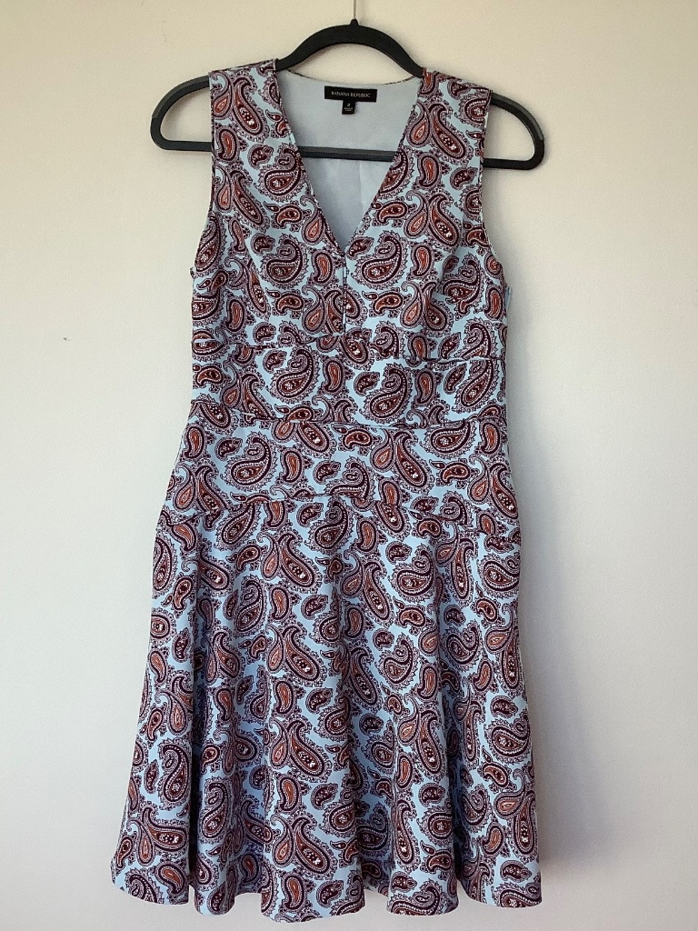 Banana Republic fit and flare V neck sleeveless dress in light blue and brown